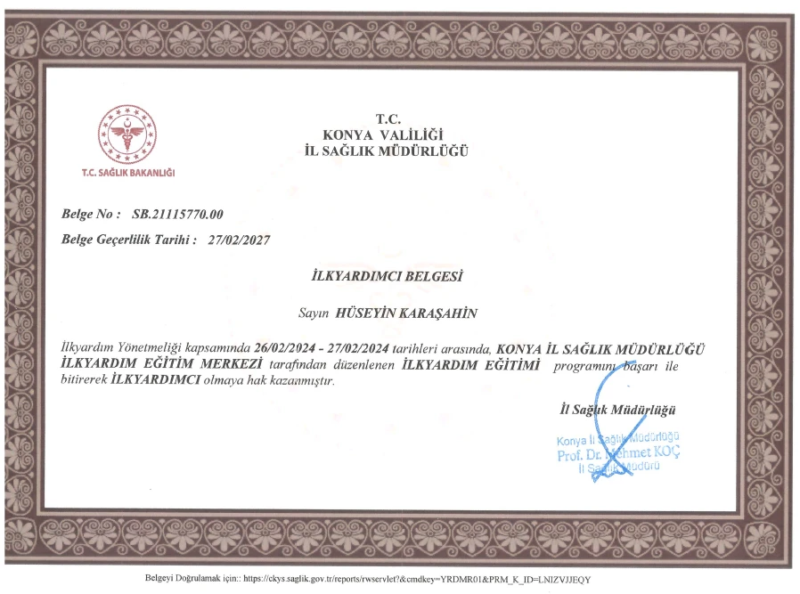 İlk Yardım Eğitimleri sonrasında  gerçekleştirilen sınavlarda  başarılı olan personelimize  İlkyardımcı sertifikaları ve  kimlik kartları takdim edildi